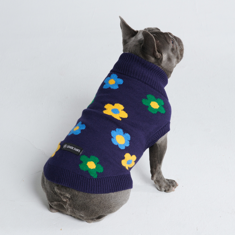 Pull pour chien en tricot - Fleurs bleues vertes jaunes