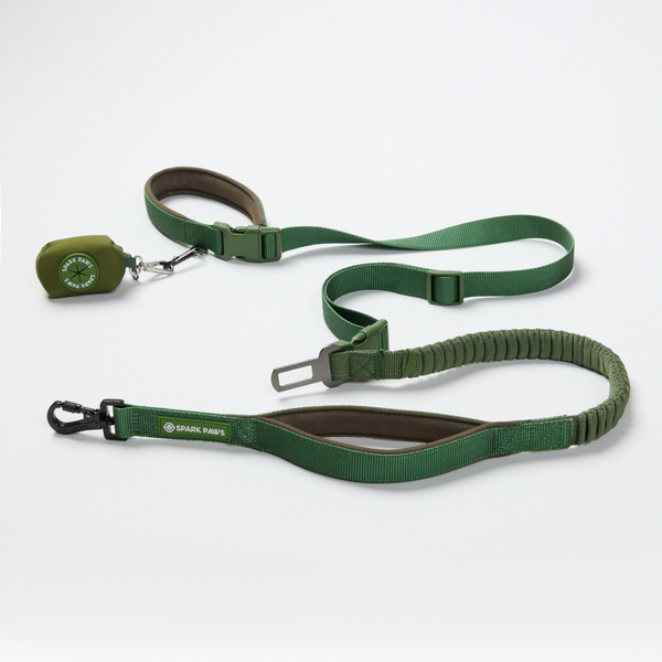 Laisse multifonction avec ceinture de sécurité mains libres et porte-sac à déjections – Vert armée