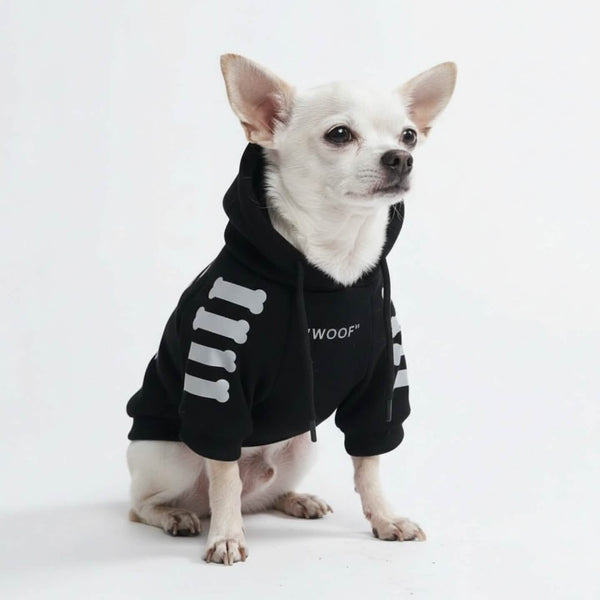 "WOOF" Pull à Capuche Pour Chien - Noir et réfléchissant