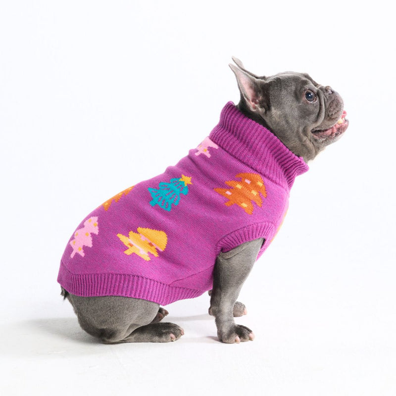 Pull de Noël en maille pour chien – Arbres en sucre d’orge magenta