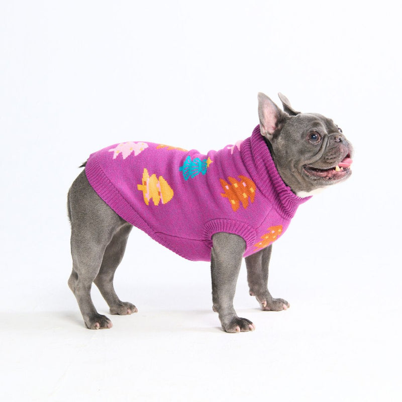 Pull de Noël en maille pour chien – Arbres en sucre d’orge magenta