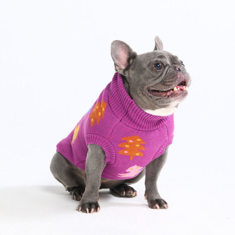 Pull de Noël en maille pour chien – Arbres en sucre d’orge magenta