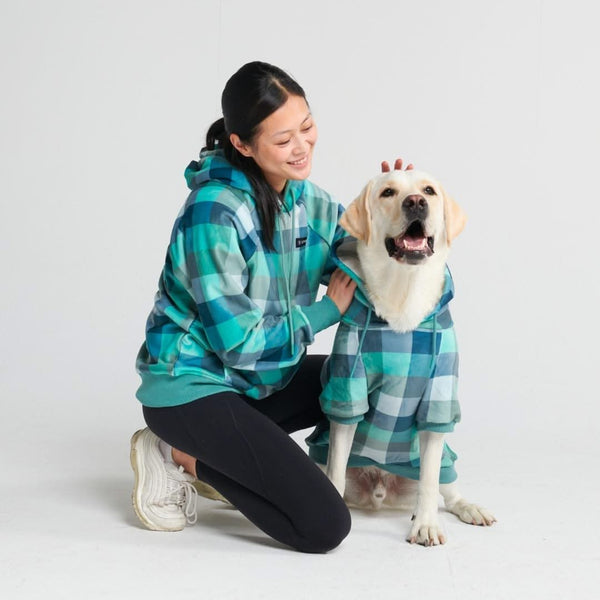 Sweat à capuche en velours humain - Carreaux Turquoise
